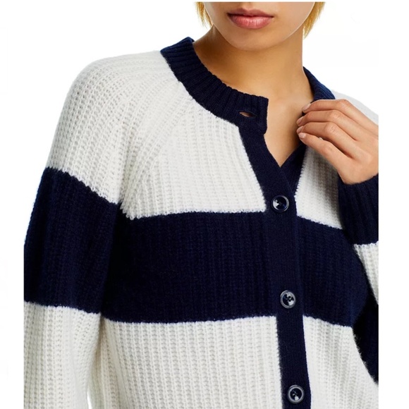 Luxurious 100% Cashmere Rugby Stripe Shaker Stitch Cardigan By Aqua in Navy / Iv - Picture 4 of 5